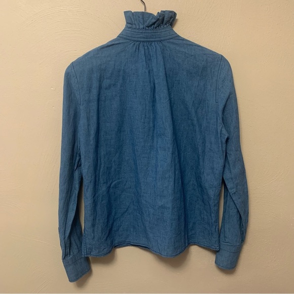 Tory Burch Chambray Ruffle Neck Blouse Size 2 Cotton Linen Blue - Picture 8 of 12